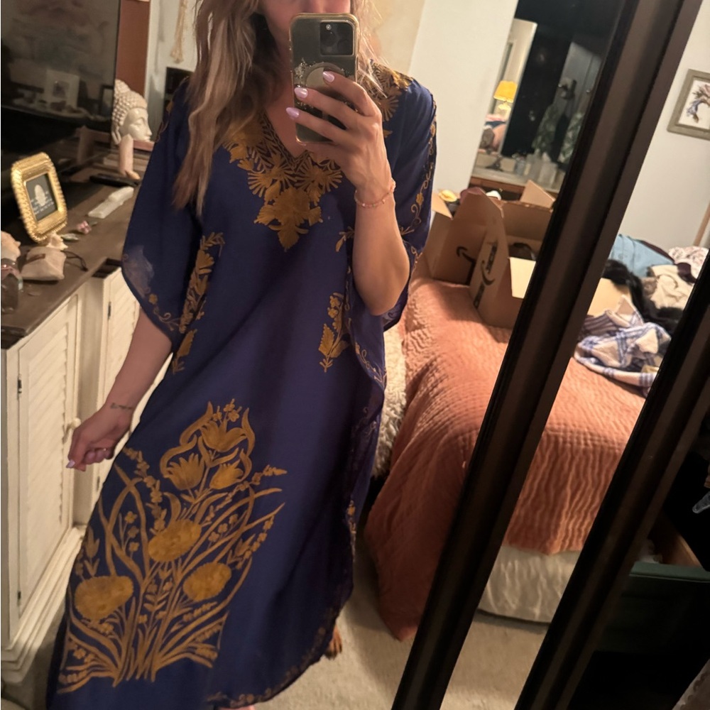 Elegant Blue and Gold Women's Cover Up Dress - Made in India !